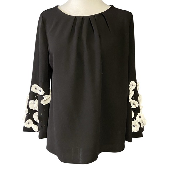 Alfani Tops - Alfani Blouse Womens Petite S Black Beaded Floral Bell Sleeve Embellished Top